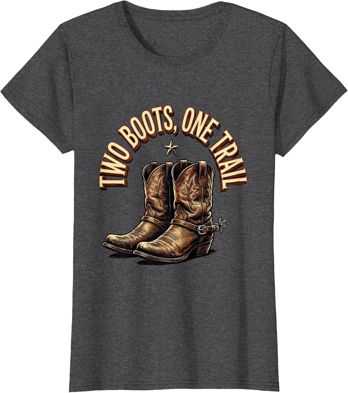 Women's Two Boots One Trail Cowboy Western Design T-Shirt - Dark Heather Grey