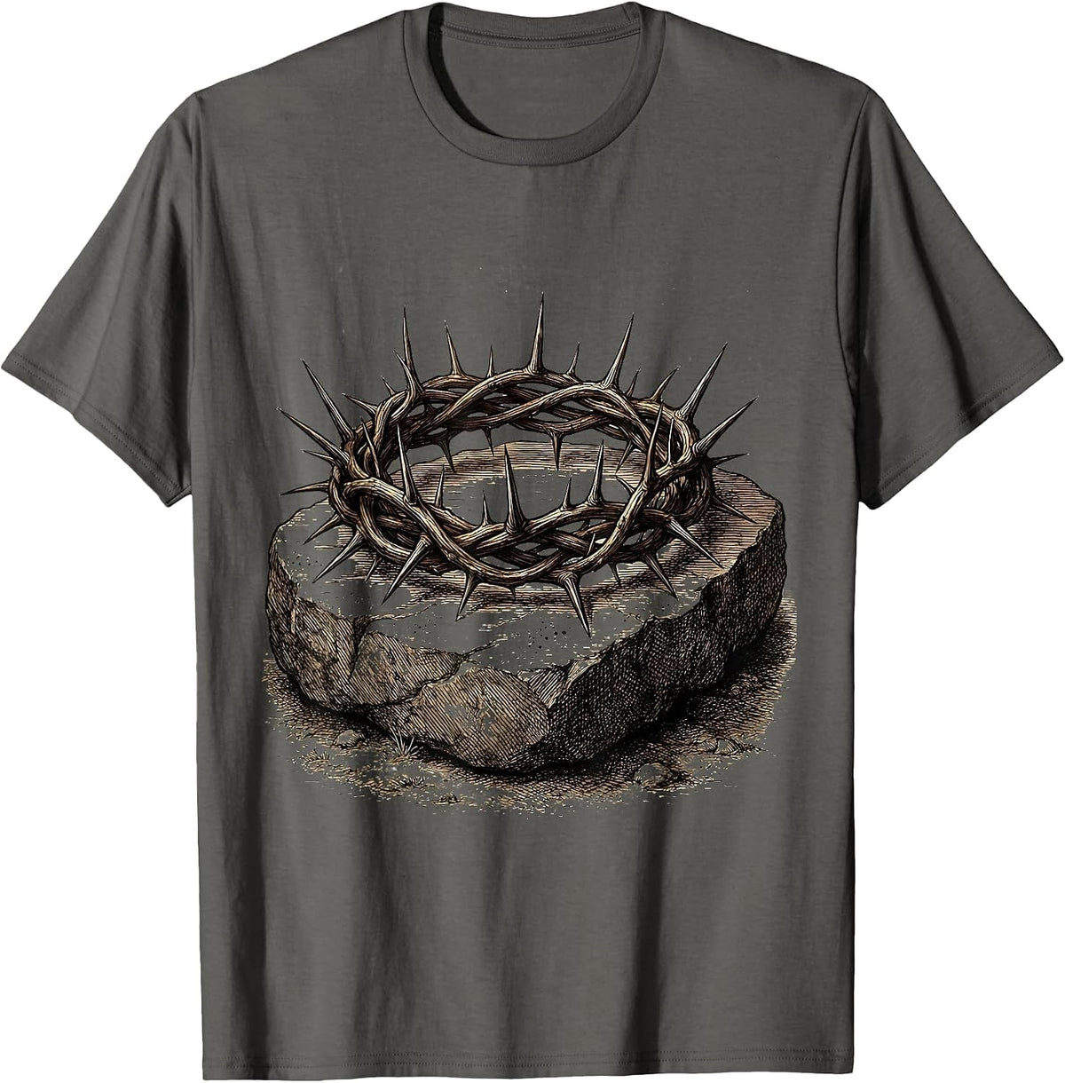 Crown of Thorns on Stone Christian Graphic T-Shirt - Asphalt Grey