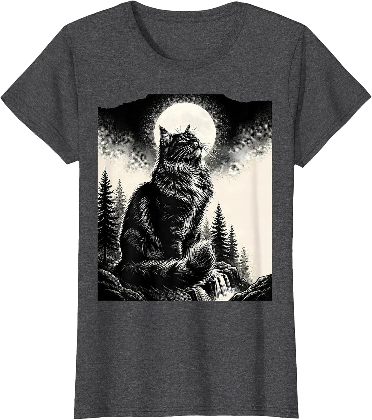 Women's Norwegian Forest Cat Howling at Moon Retro Fantasy T-Shirt - Dark Heather Grey