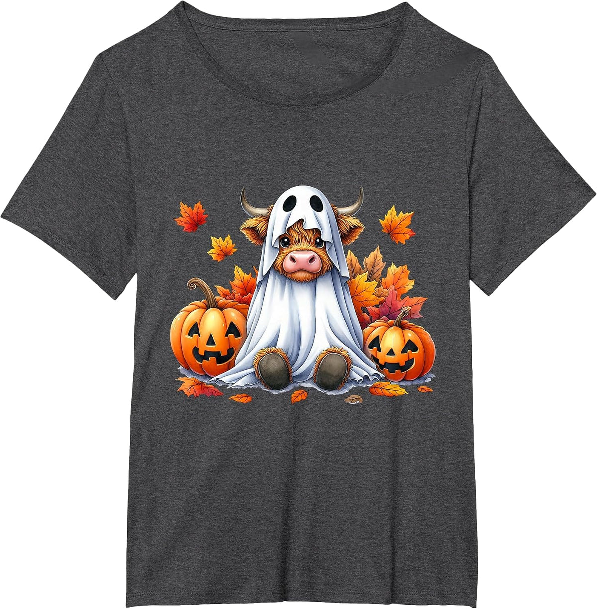 Funny Halloween Highland Cow Ghost Spooky Pumpkin Hello Fall T-Shirt - Dark Heather Grey