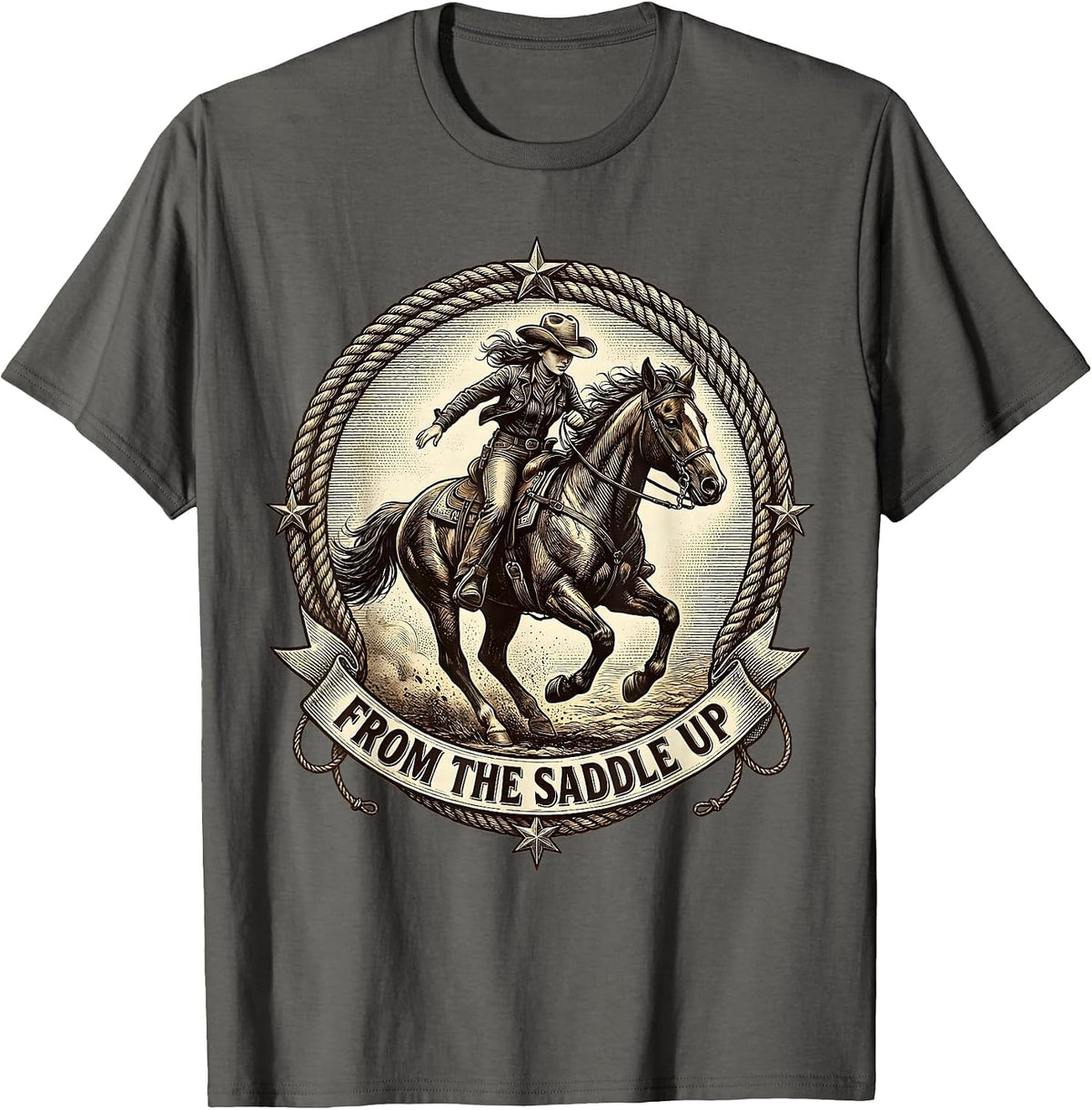 From the Saddle Up Cowgirl Riding Design T-Shirt - Asphalt Grey
