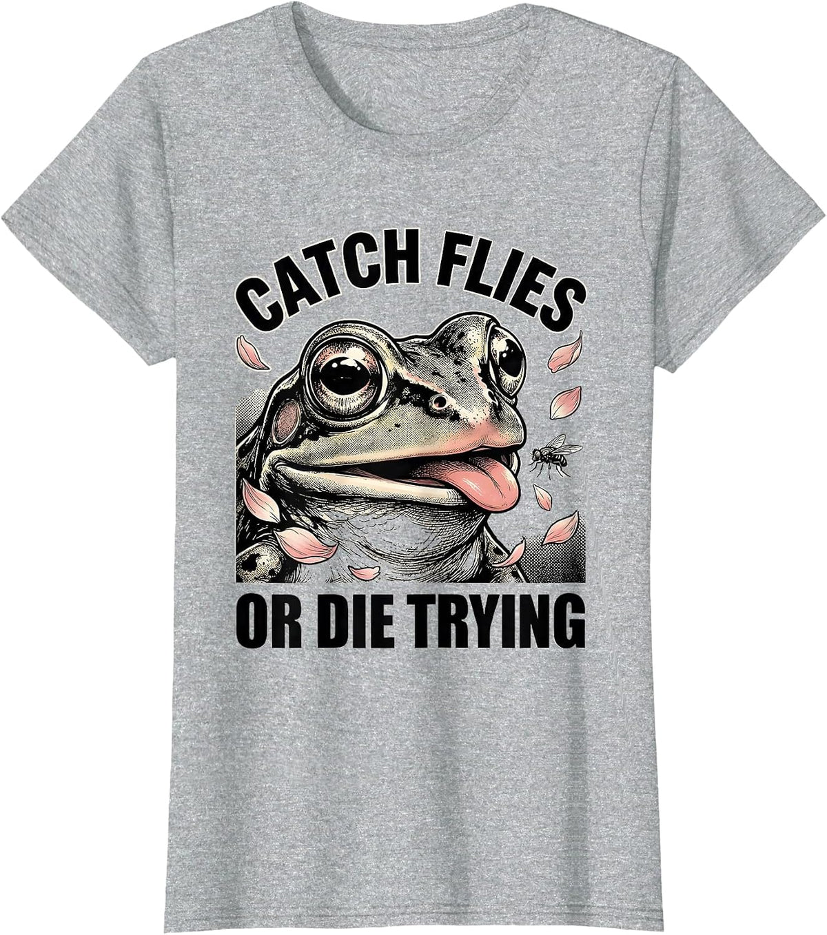 Catch Flies or Die Trying Funny Frog Design T-Shirt - Heather Grey