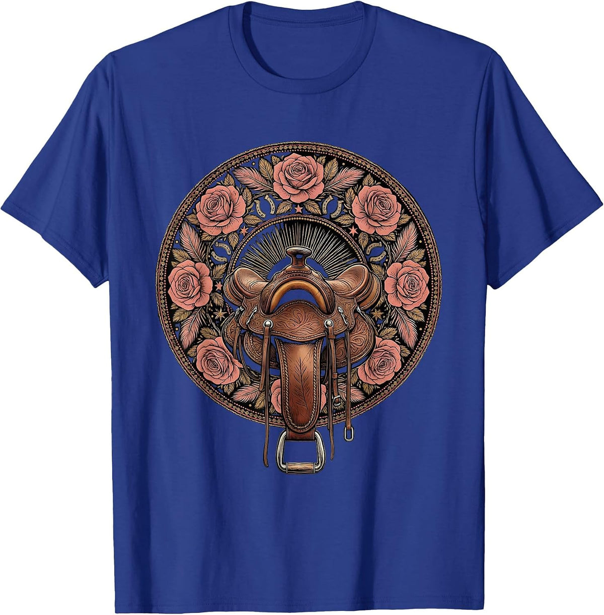 Men's Western Saddle with Roses Rodeo Graphic T-Shirt - Royal Blue