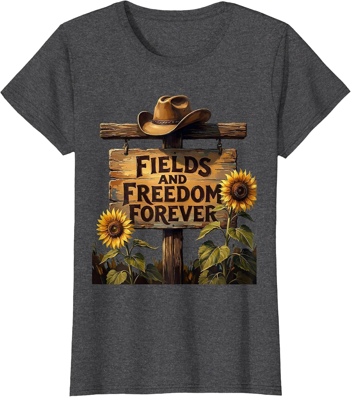 Women's Fields and Freedom Forever Cowgirl Design T-Shirt - Dark Heather Grey