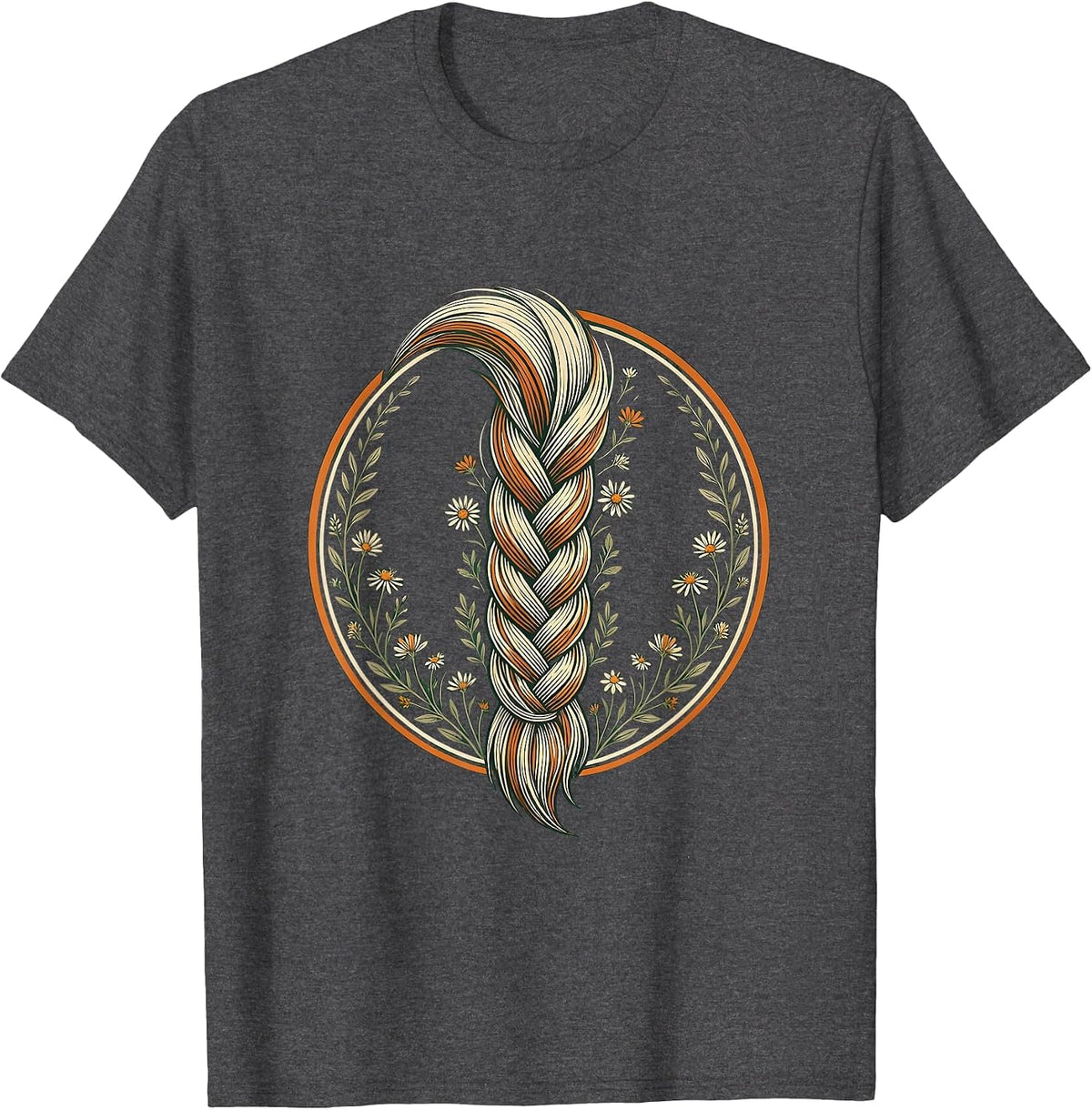 Braided Horse Tail Wildflowers Floral Illustration T-Shirt - Dark Heather Grey