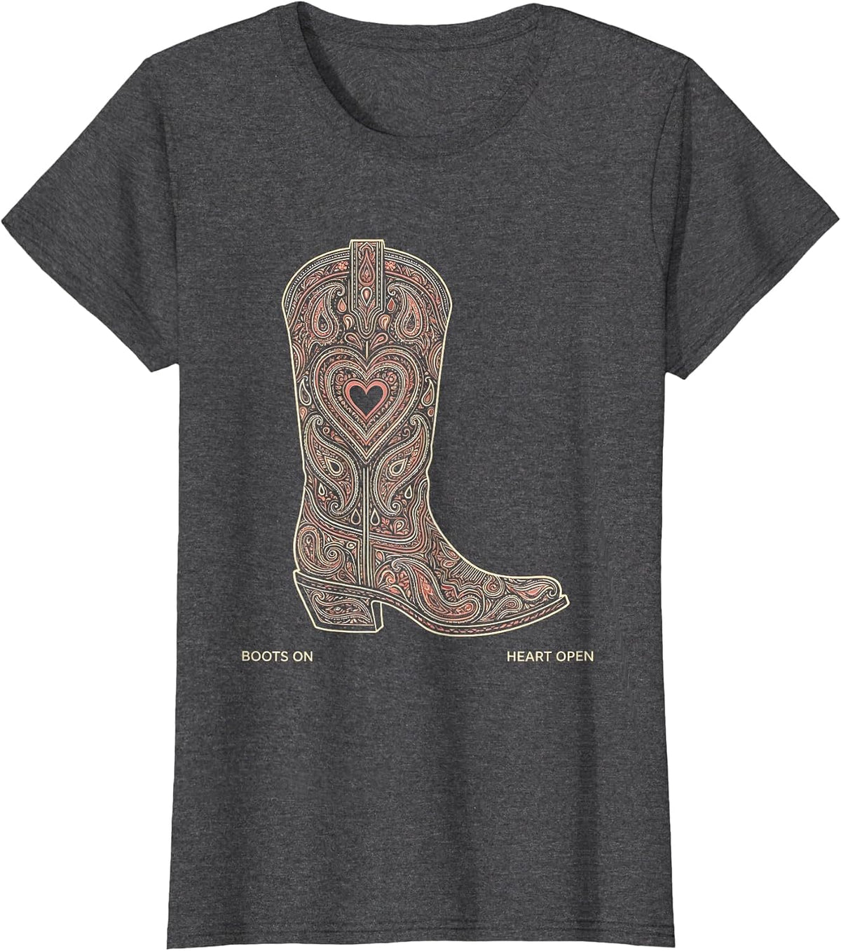 Women's Boots On Heart Open Girls Western Design T-Shirt - Dark Heather Grey