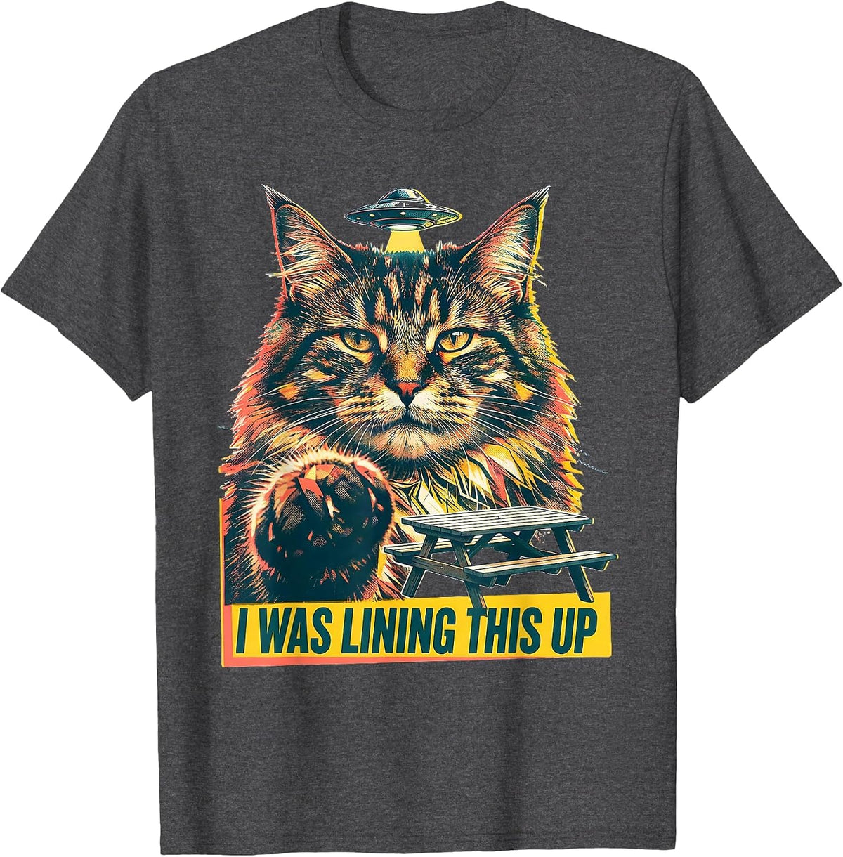 I Was Lining This Up Risograph Funny Cat UFO Meme Novelty T-Shirt - Dark Heather Grey
