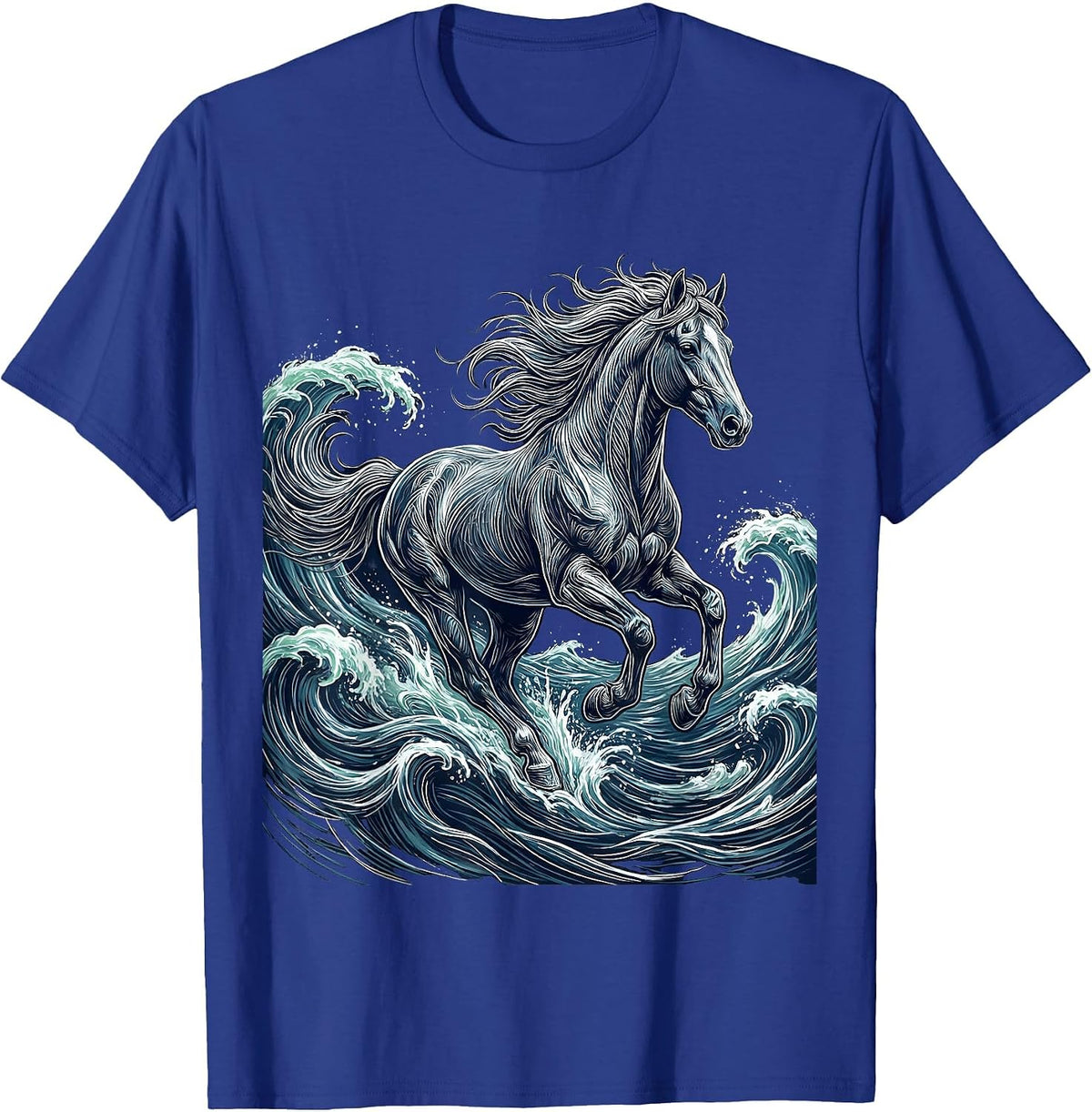 Horse Galloping Through Ocean Waves Graphic T-Shirt - Royal Blue