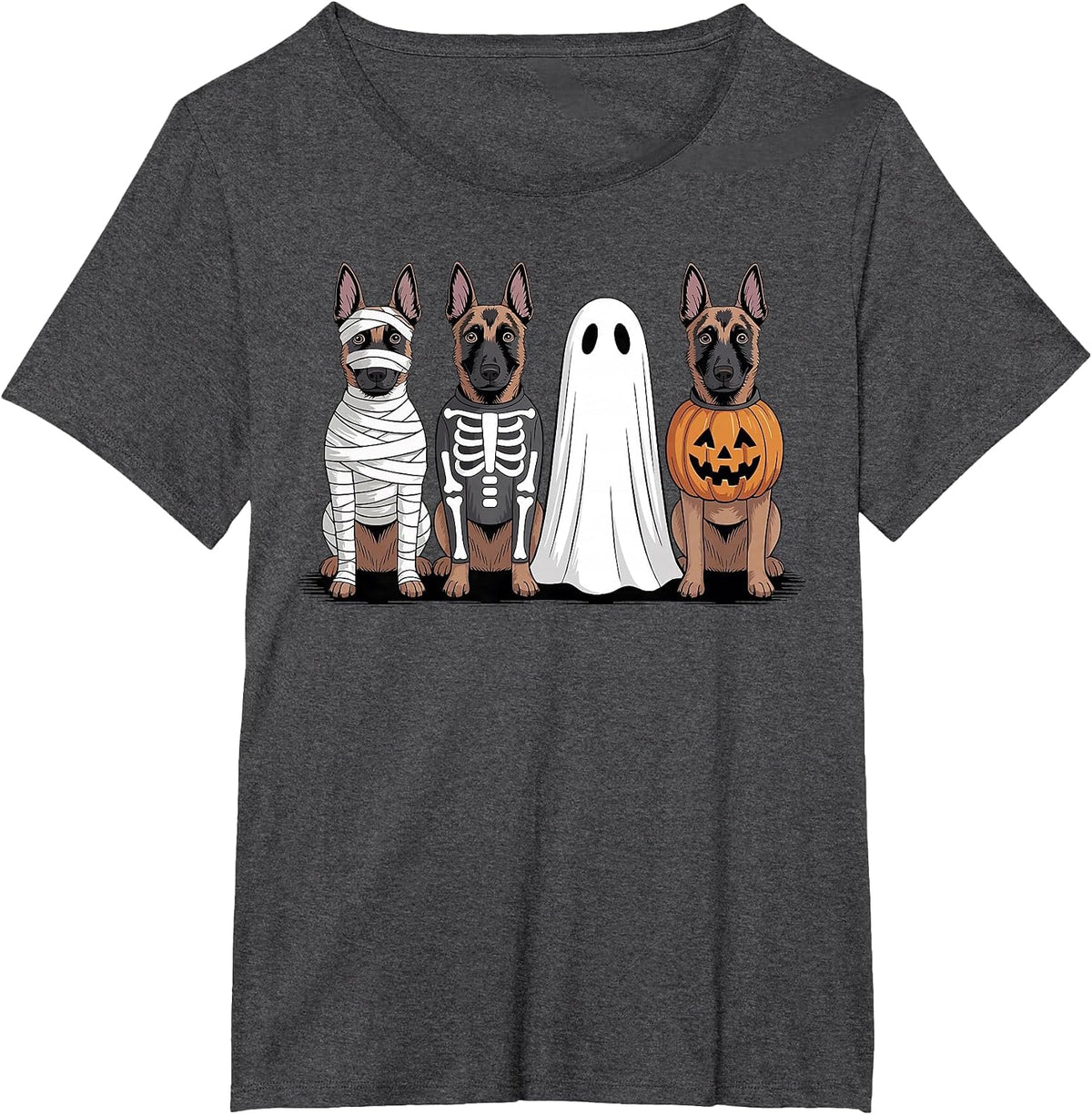 Spooky Ghost Belgian Malinois Pumpkin Halloween Dog Skeleton T-Shirt - Dark Heather Grey