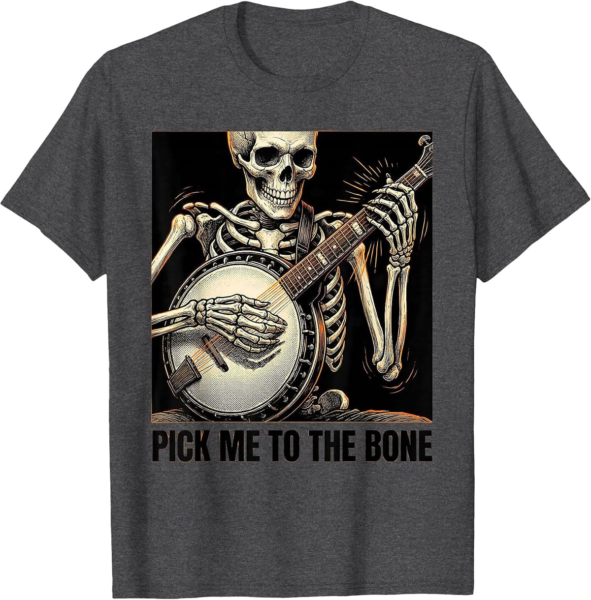 Men's Pick Me To The Bone Funny Skeleton Banjo Player Halloween T-Shirt - Dark Heather Grey