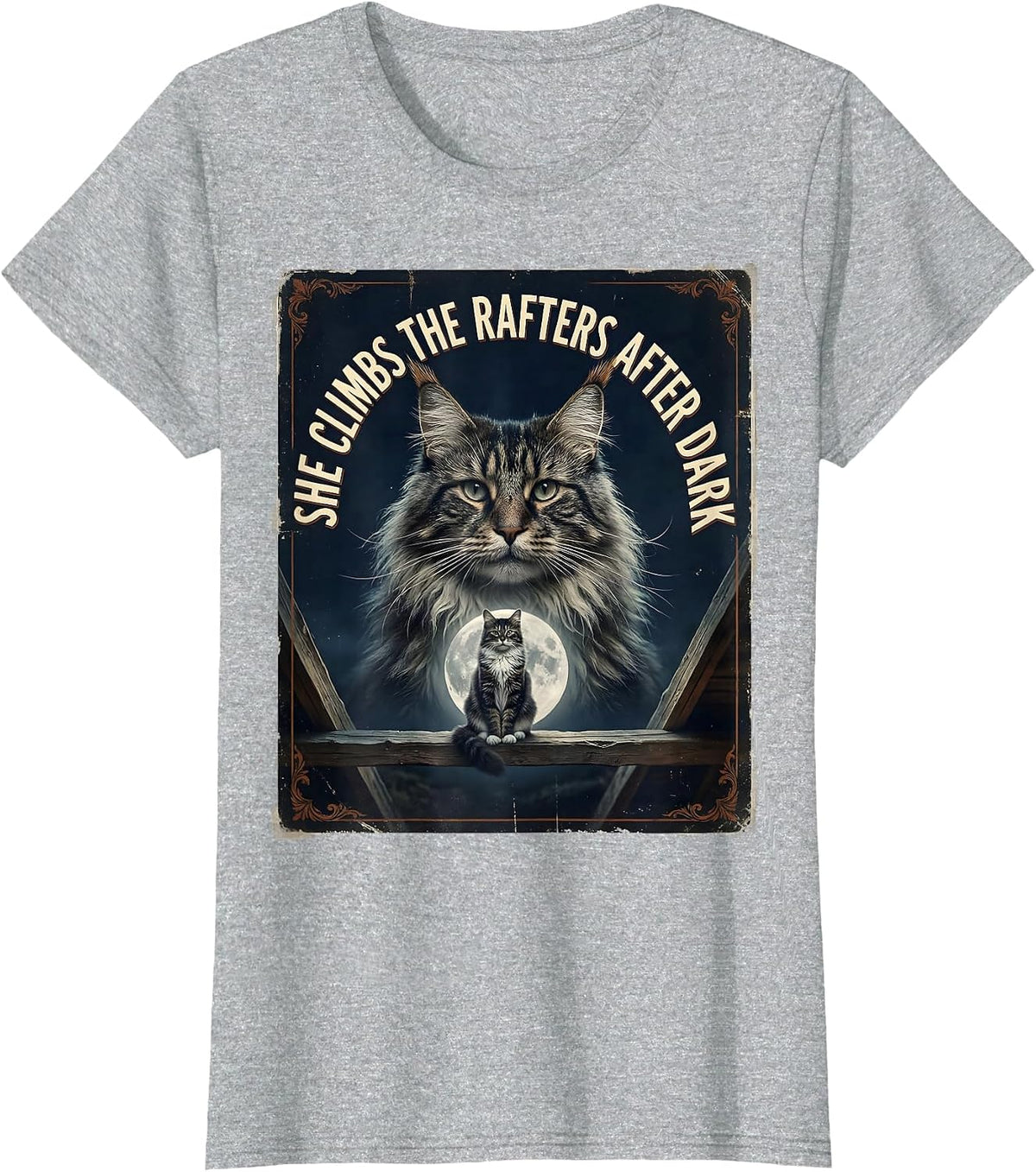 She Climbs The Rafters After Dark Vintage Norwegian Forest T-Shirt - Heather Grey