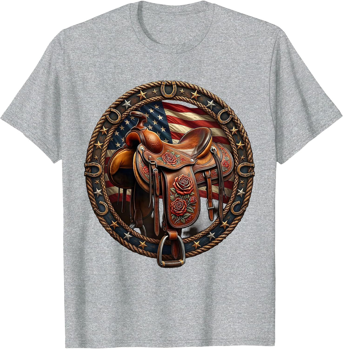 Men's Floral Stitched Leather Saddle Cowgirl Design T-Shirt - Heather Grey