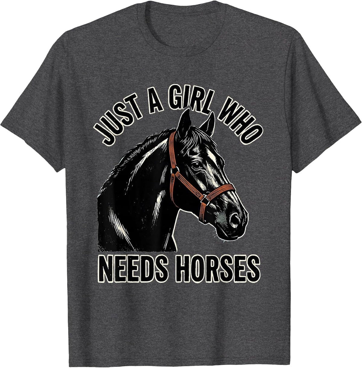 Men's Just a Girl Who Needs Horses Linocut Horse Lover Humor T-Shirt - Dark Heather Grey