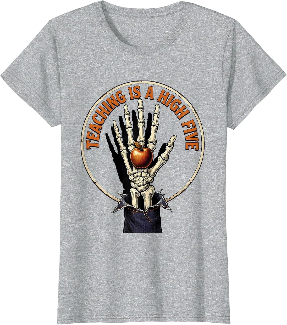 Halloween Teacher High Five Skeleton Hand Design T-Shirt - Heather Grey