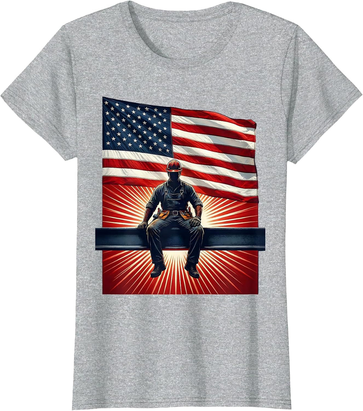 Ironworker Silhouette on Steel Beam Graphic T-Shirt - Heather Grey