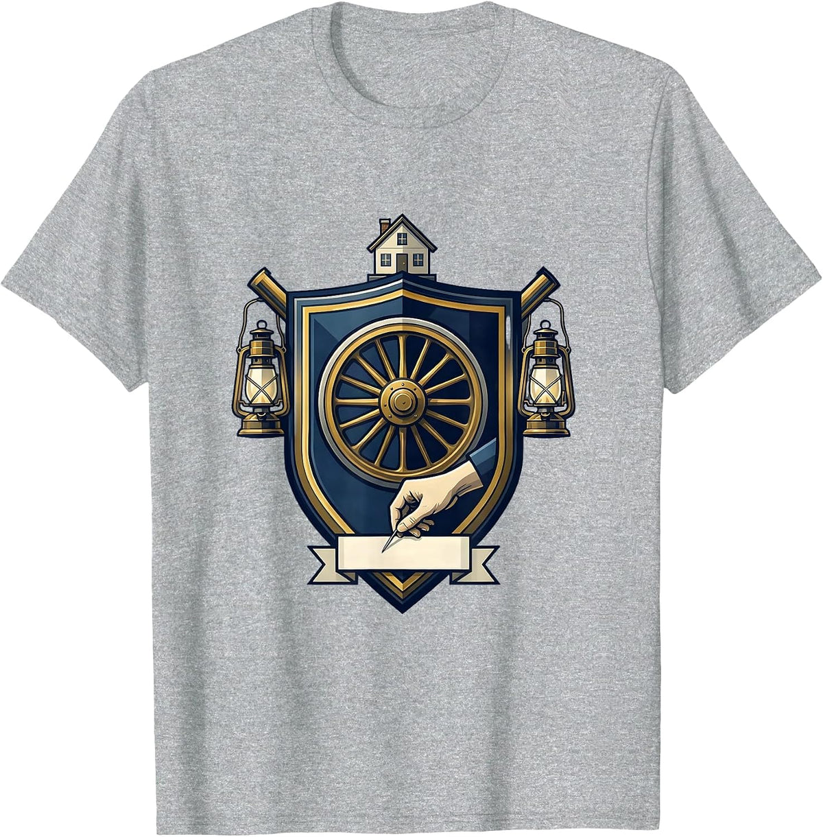 Men's Locomotive Wheel Crest Emblem Train Hobbyist Humor T-Shirt - Heather Grey