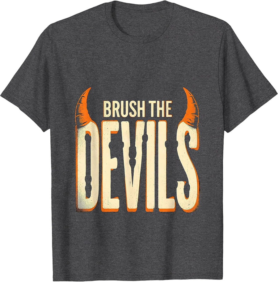 Men's Brush the Devils Funny Dentist Halloween Dental Hygienist T-Shirt - Dark Heather Grey