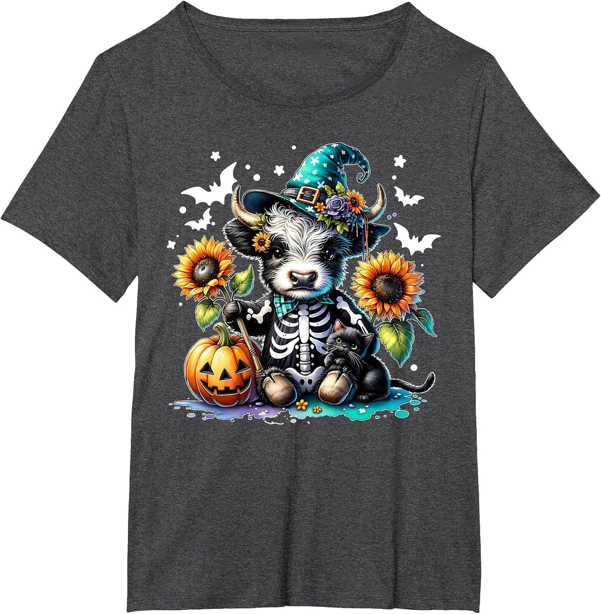 Highland Cow Witch Skeleton Halloween Sunflower Pumpkin Fall T-Shirt - Dark Heather Grey