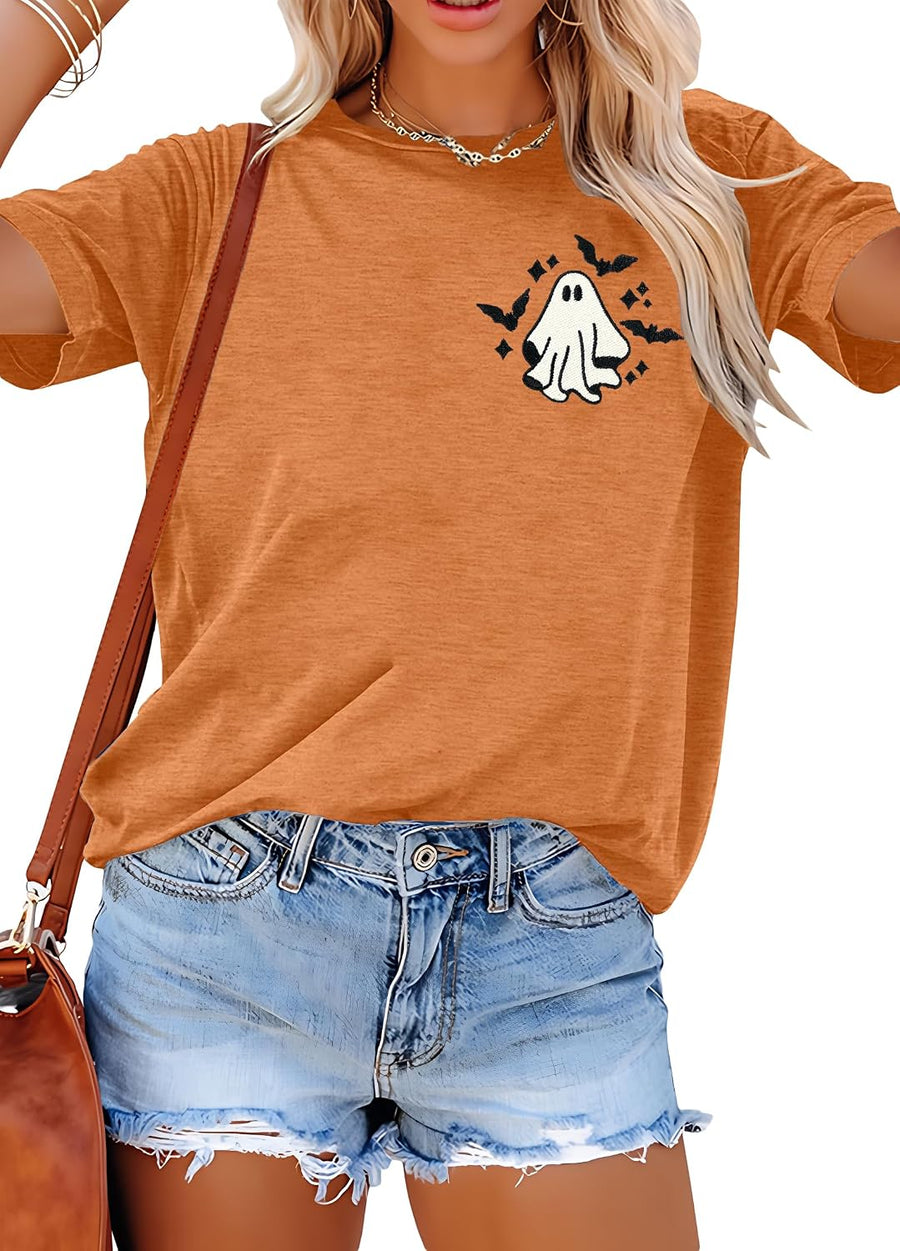 Embroidered Halloween Spooky Shirt Women: Ghost Tshirt Boo Bat Graphic Tee - Brown-b