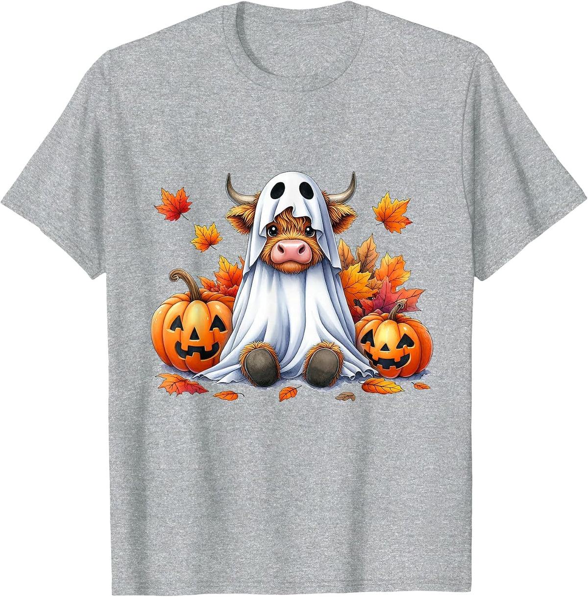 Funny Halloween Highland Cow Ghost Spooky Pumpkin Hello Fall T-Shirt - Heather Grey