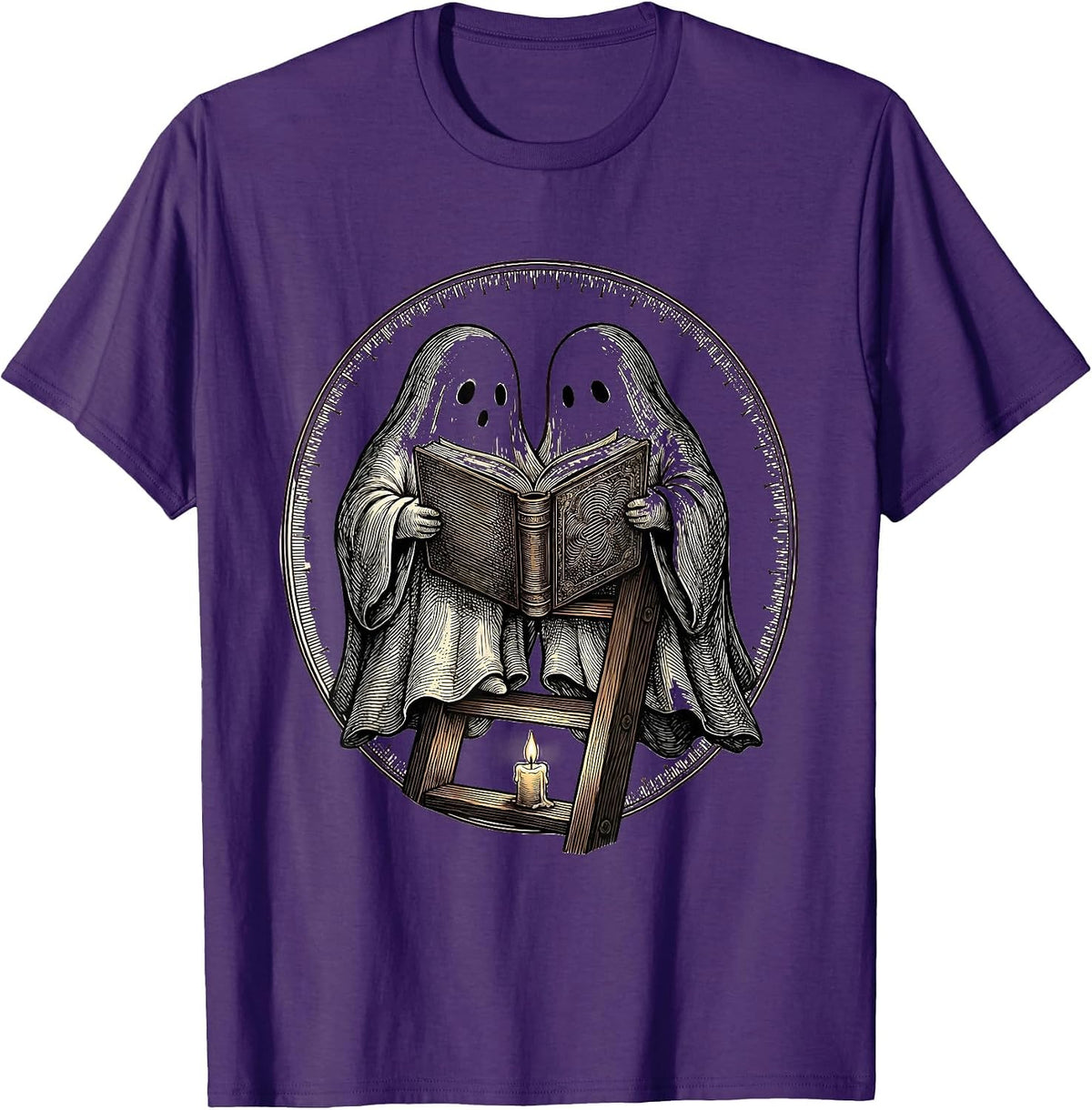 Bookish Ghosts Reading Library Ladder Cozy Halloween T-Shirt - Purple