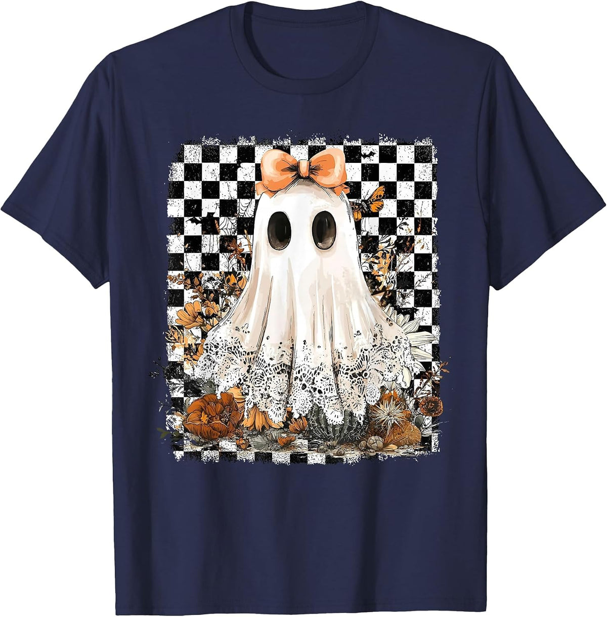 Coquette Bow Ghost Spooky Season Halloween Checkered Retro T-Shirt - Navy Blue