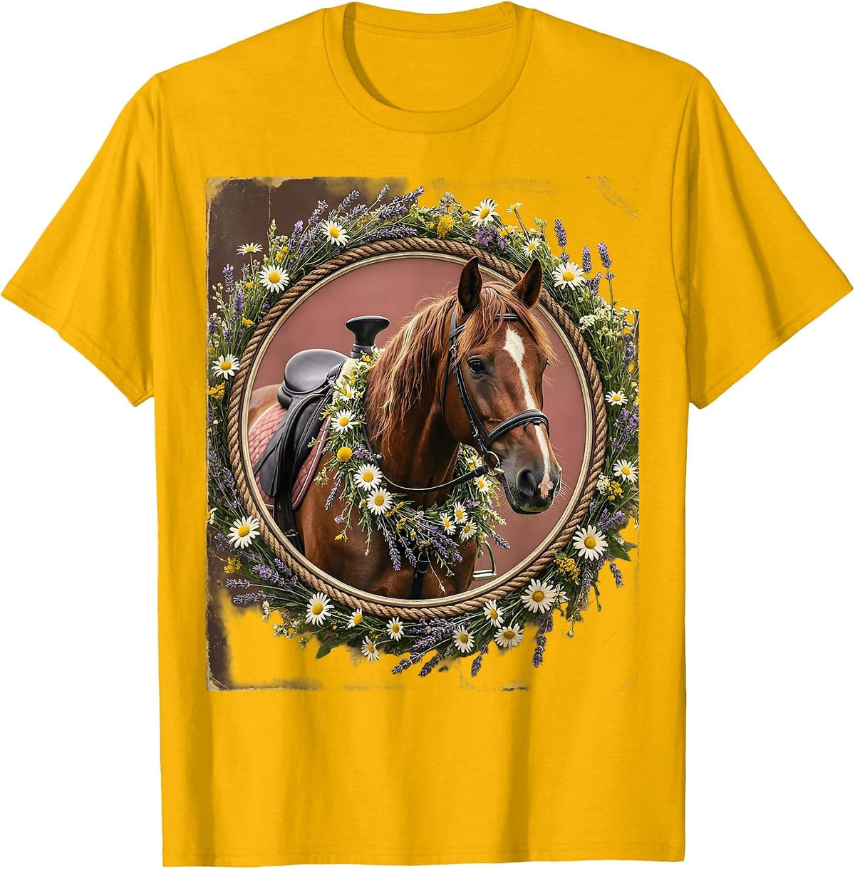 Floral Cowgirl Horse Wildflower Garland Design T-Shirt - Golden Yellow