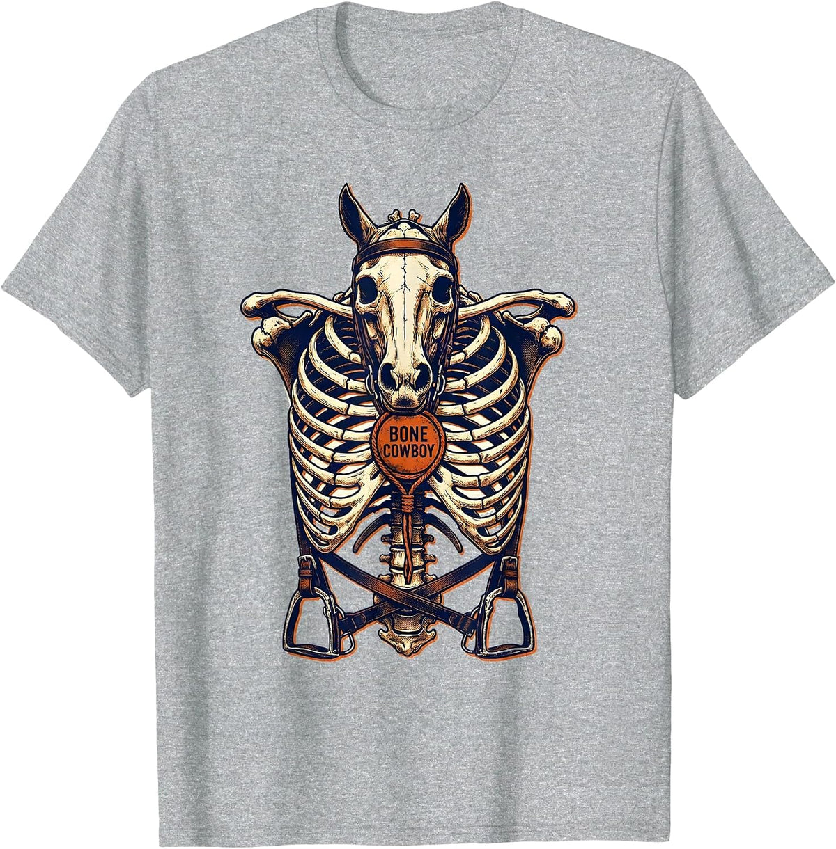 Men's Bone Cowboy Risograph Skeleton Horse Equestrian Halloween T-Shirt - Heather Grey