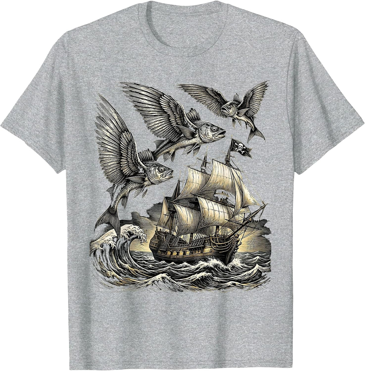 Men's Flying Fish Leaping Over Pirate Ship Graphic T-Shirt - Heather Grey