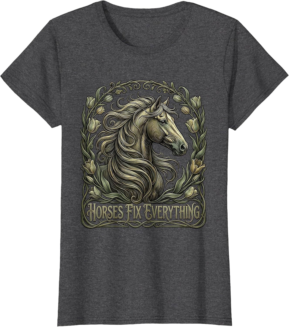 Women's Horses Fix Everything Equestrian Design T-Shirt - Dark Heather Grey