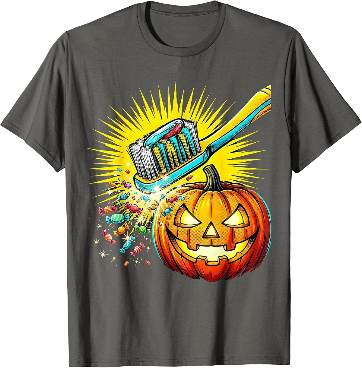 Men's Oversized Toothbrush Jack-O-Lantern Dental Humor Halloween T-Shirt - Asphalt Grey