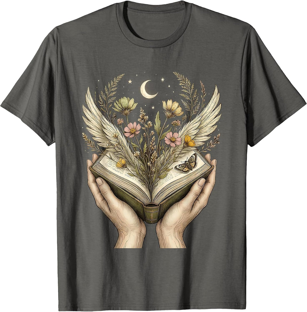 Reading Teacher Hands Cradling Open Book Illustration T-Shirt - Asphalt Grey