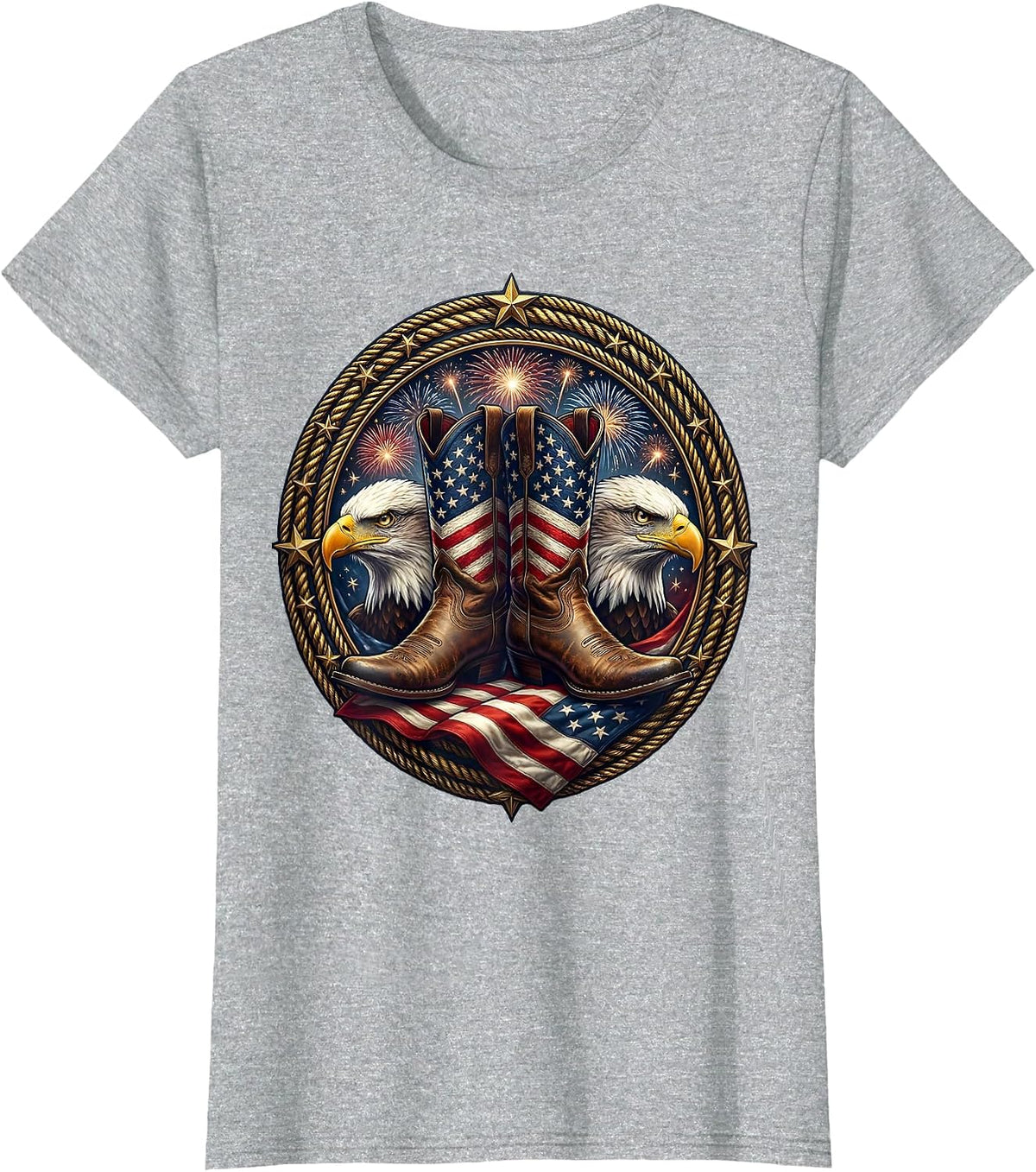 Red White and Blue Cowboy Boots Patriotic Design T-Shirt - Heather Grey