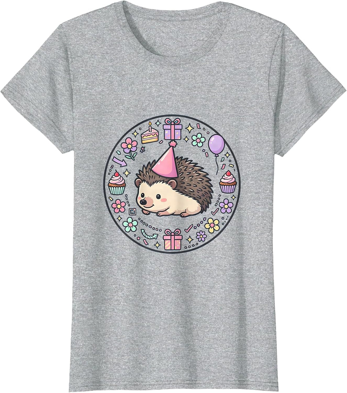 Cute Hedgehog Birthday Party Hat Graphic T-Shirt - Heather Grey