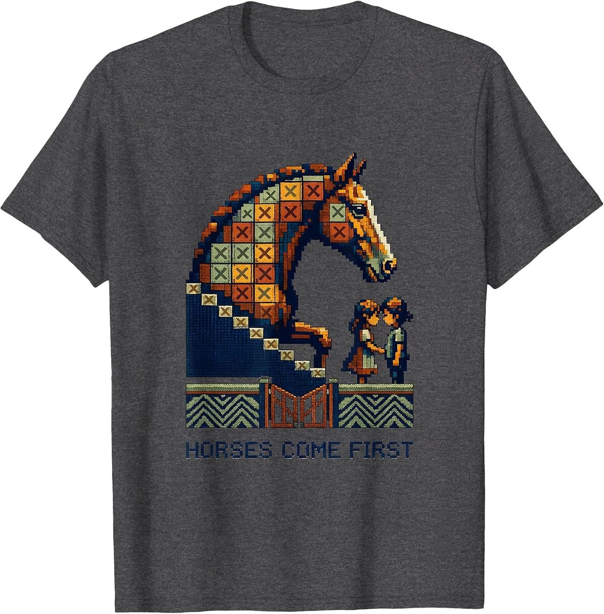 Horses Come First Funny Horse Lover Girl Humor Cross Stitch T-Shirt - Dark Heather Grey