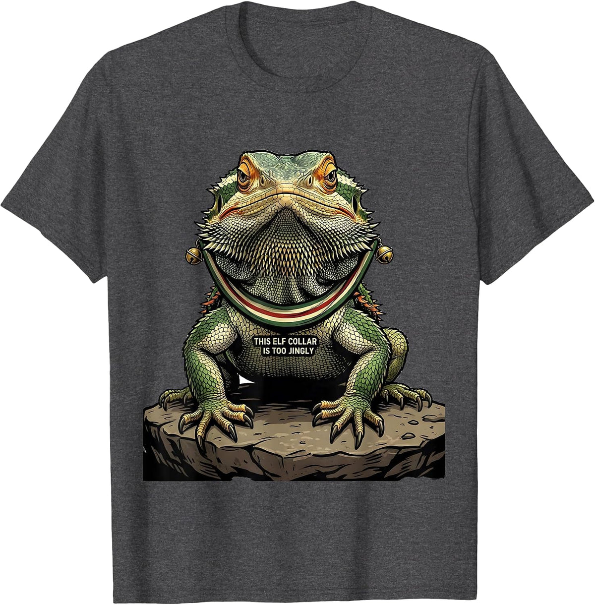 Men's This Elf Collar Is Too Jingly Funny Bearded Dragon Christmas T-Shirt - Dark Heather Grey