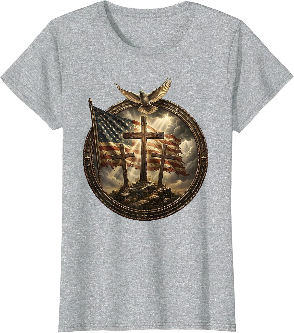Three Crosses on Hilltop Under Stormy Sky T-Shirt - Heather Grey
