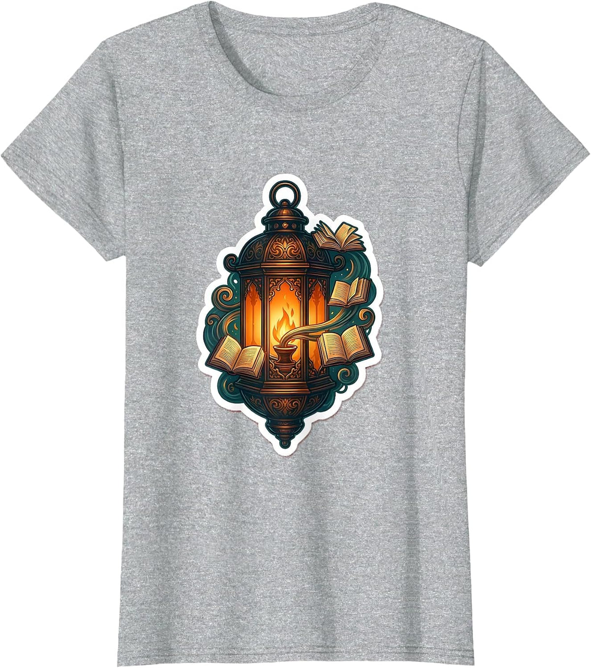 Reading Teacher Glowing Lantern Floating Letters T-Shirt - Heather Grey