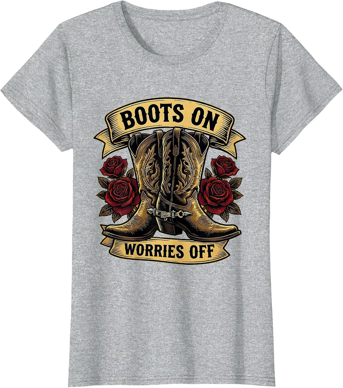 Boots On Worries Off Cowboy Design T-Shirt - Heather Grey