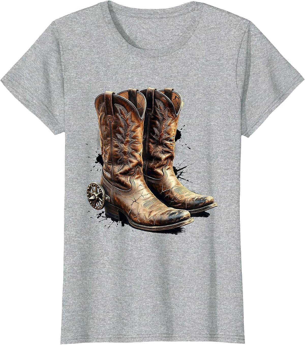 Worn Cowboy Boots With Spurs Cowgirl Graphic T-Shirt - Heather Grey