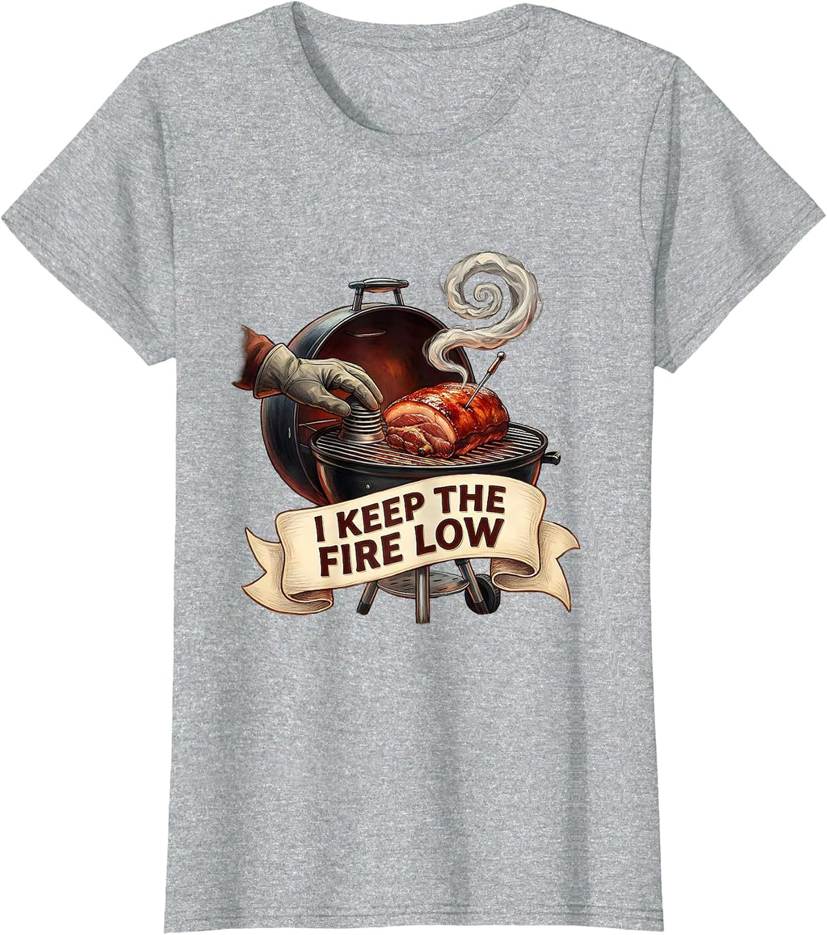 I Keep The Fire Low Funny BBQ Grilling Pitmaster Humor T-Shirt - Heather Grey