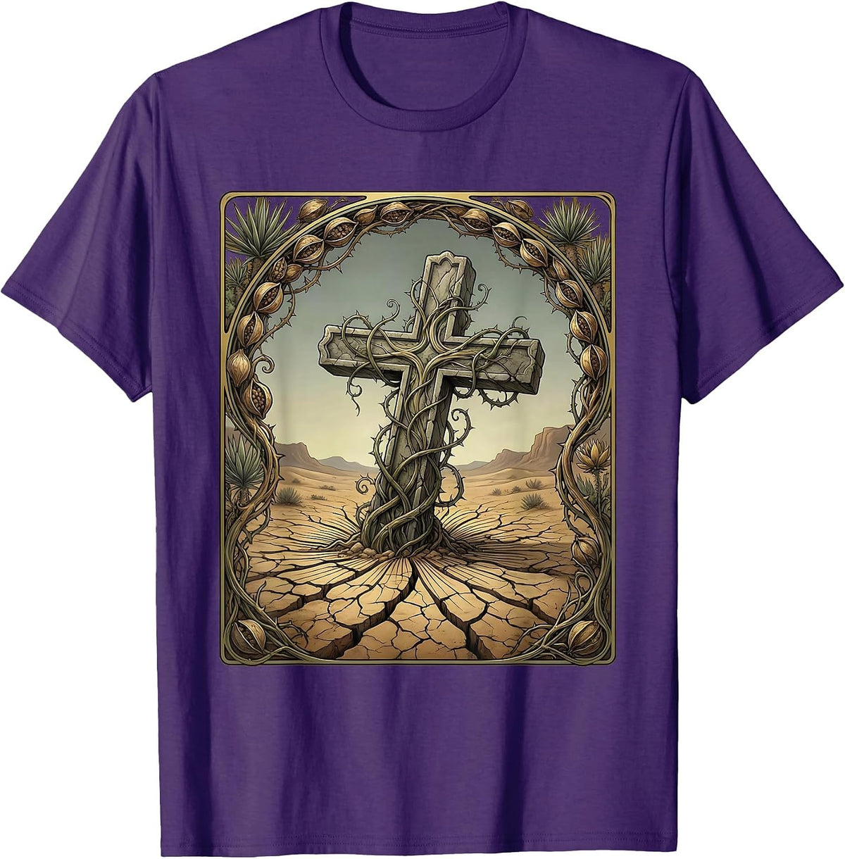 Cross Sinking Into Cracked Desert Ground T-Shirt - Purple