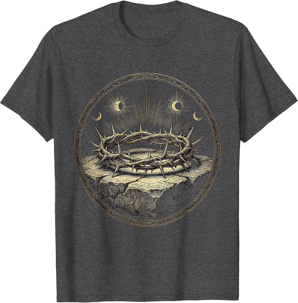 Crown of Thorns on Stone Christian Faith Design T-Shirt - Dark Heather Grey