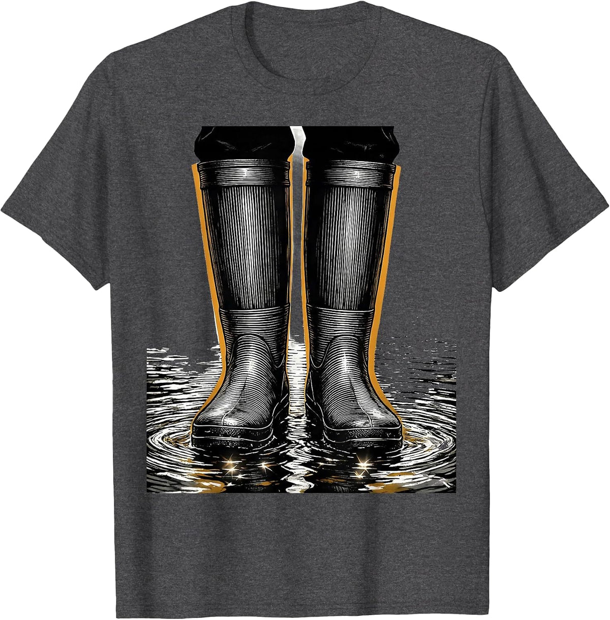 Rubber Boots in the River Fishing Illustration T-Shirt - Dark Heather Grey