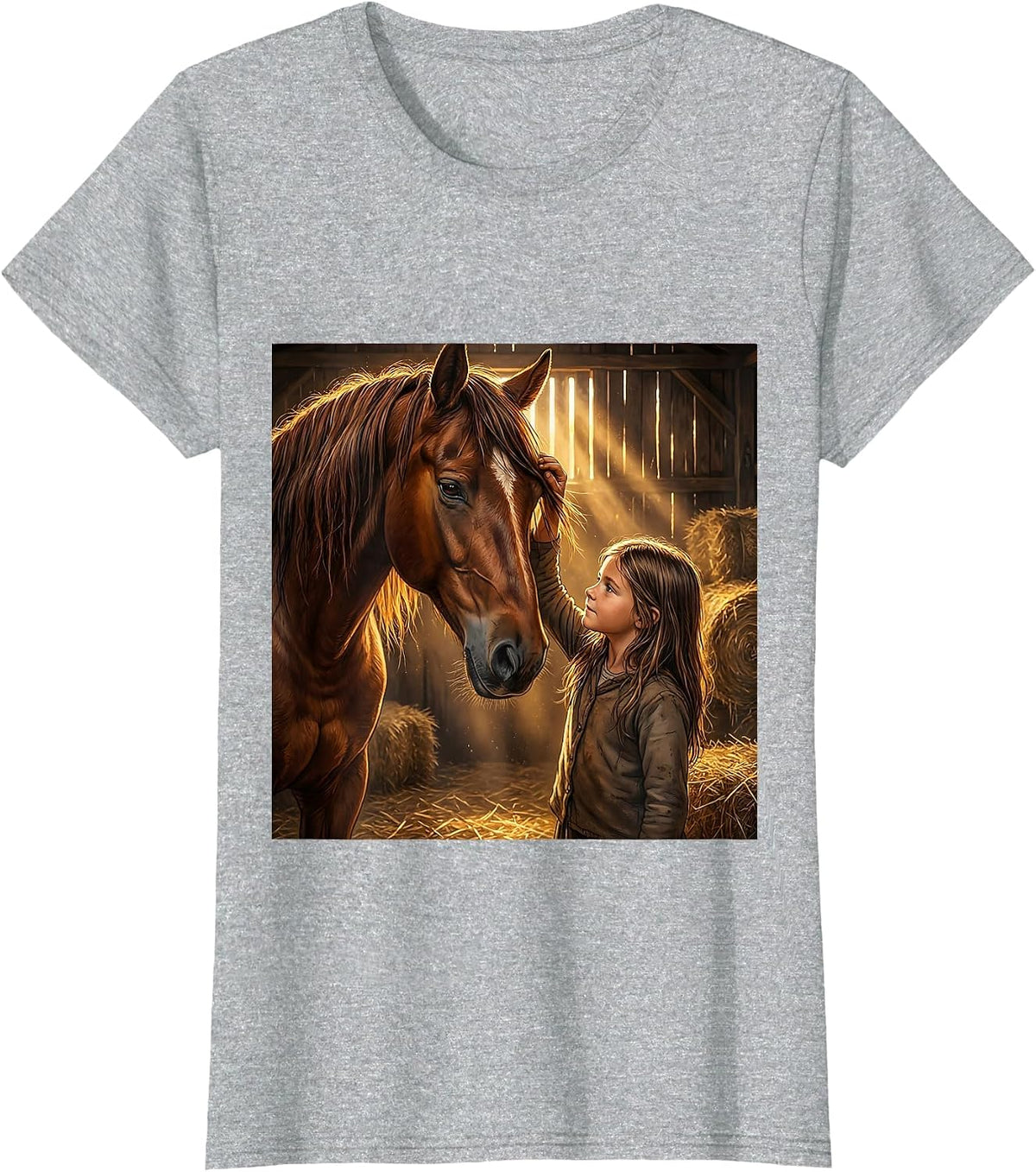 Horse Girl Grooming Golden Barn Light Illustration T-Shirt - Heather Grey