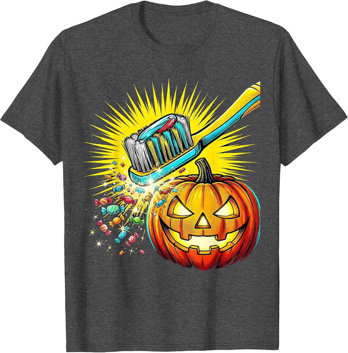 Men's Oversized Toothbrush Jack-O-Lantern Dental Humor Halloween T-Shirt - Dark Heather Grey
