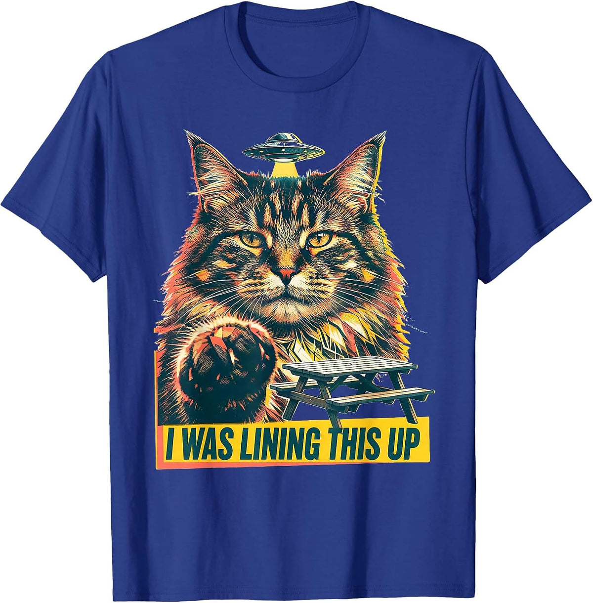 I Was Lining This Up Risograph Funny Cat UFO Meme Novelty T-Shirt - Royal Blue