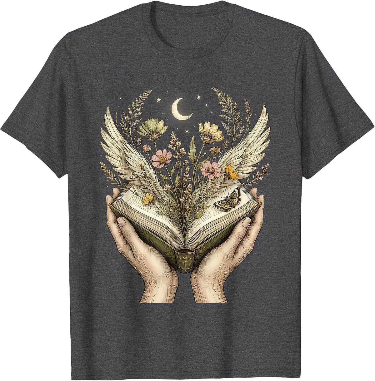Reading Teacher Hands Cradling Open Book Illustration T-Shirt - Dark Heather Grey