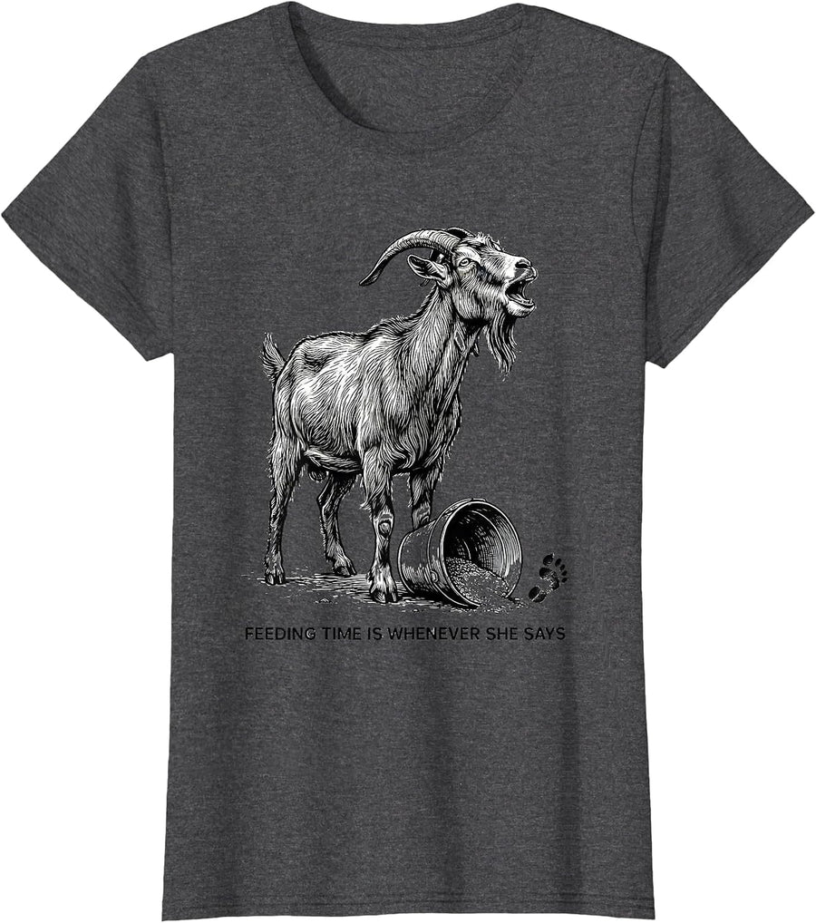 Women's Feeding Time Is Whenever She Says Funny Goat Lover Farm T-Shirt - Dark Heather Grey