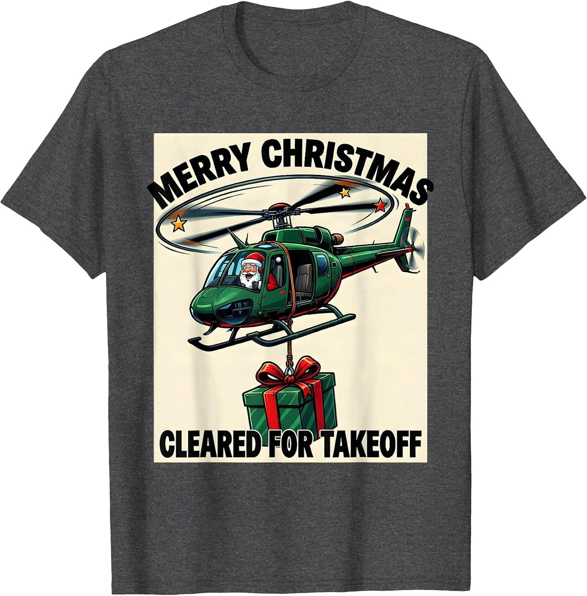 Merry Christmas Cleared For Takeoff Cartoon Pilot Aviation T-Shirt - Dark Heather Grey